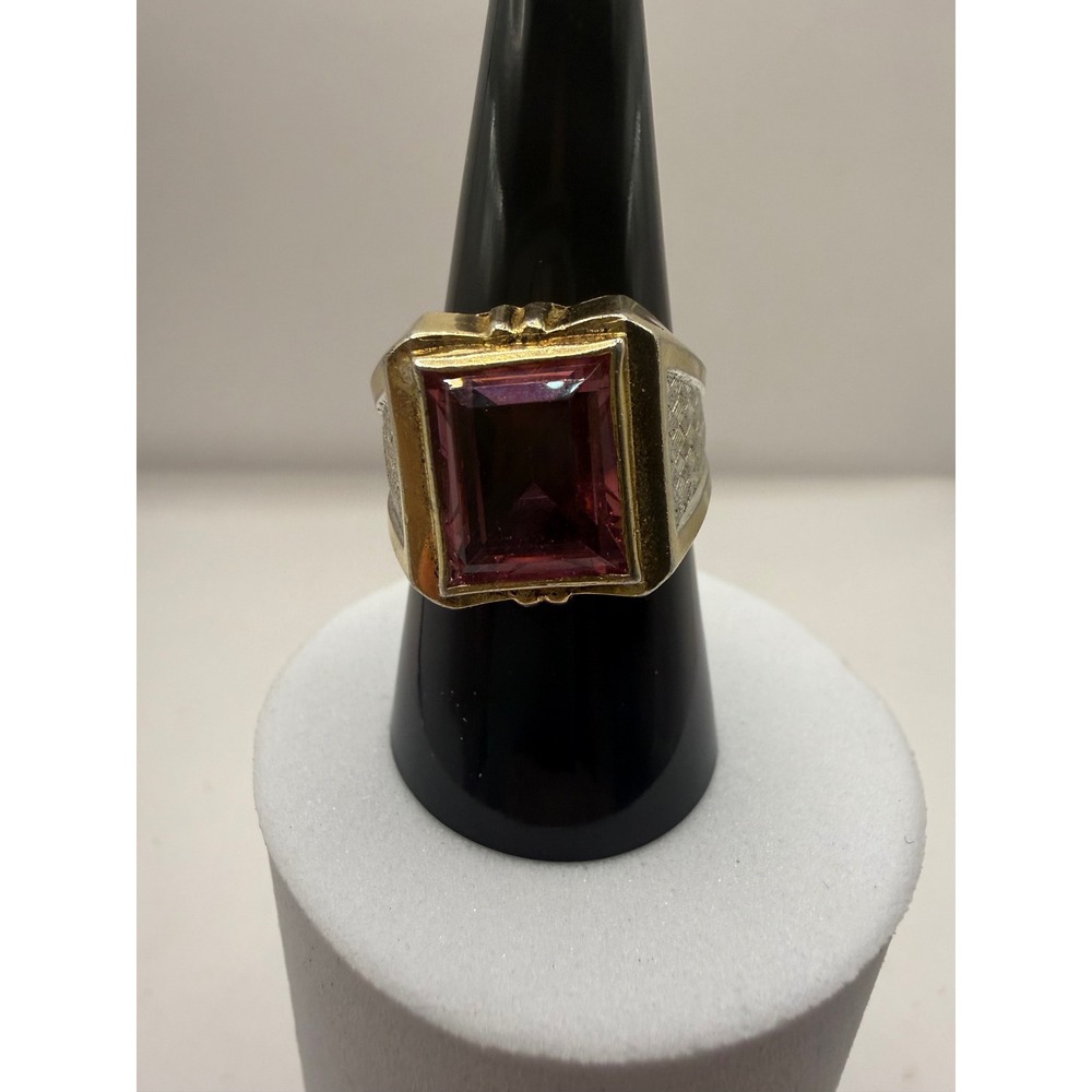 Gainsborough 10K Gold Plated Pink Stone Ring Two Tone Basketweave Size 8.5 Vtg